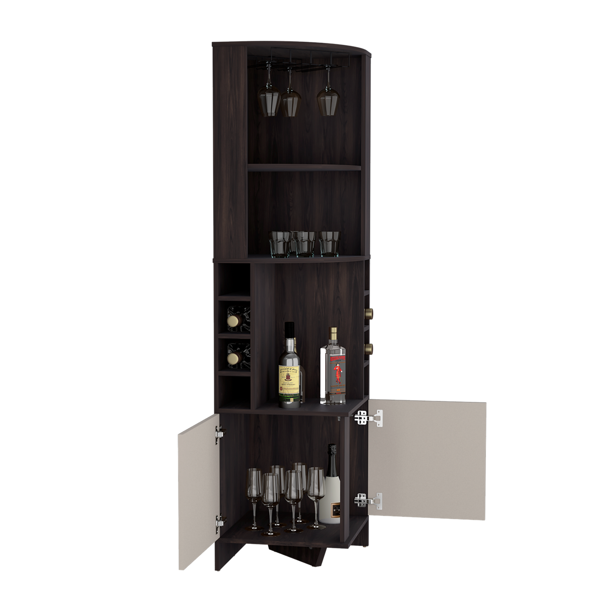 Bar Esquinero Renens Nogal 46.9x180.6cm con Siete Compartimientos con Un Portacopas y con Ocho Portabotellas - BARES | Bylmo