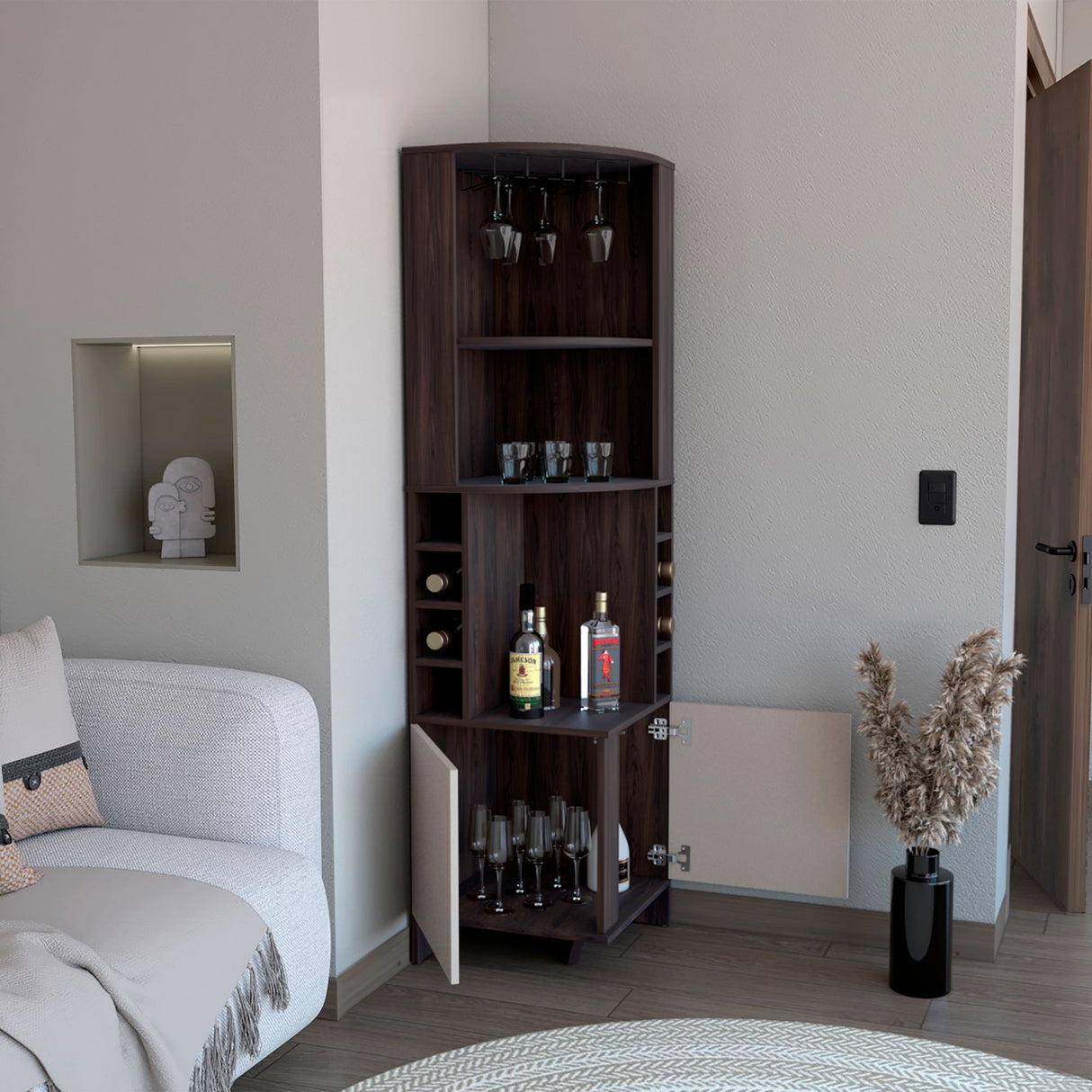 Bar Esquinero Renens Nogal 46.9x180.6cm con Siete Compartimientos con Un Portacopas y con Ocho Portabotellas - BARES | Bylmo