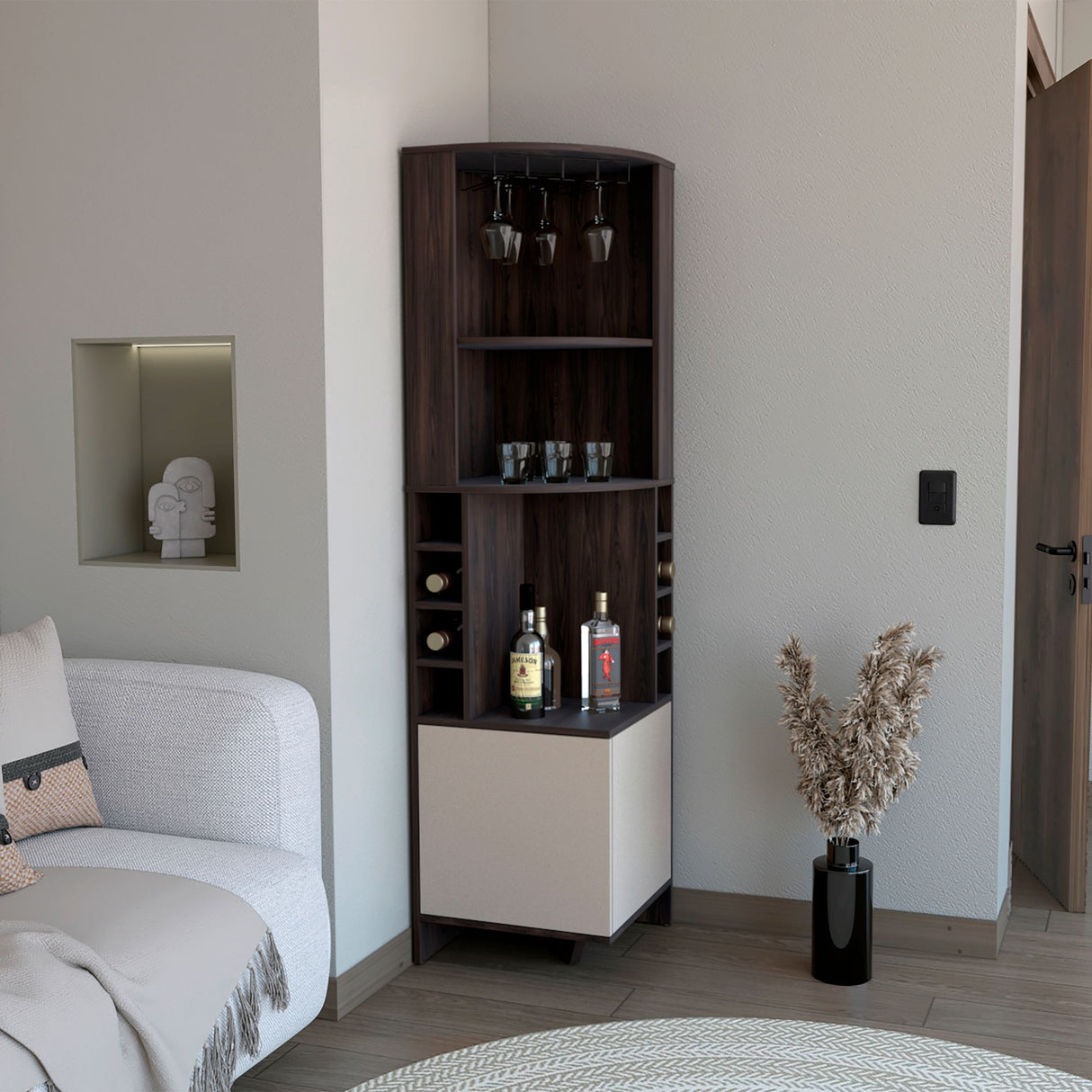 Bar Esquinero Renens Nogal 46.9x180.6cm con Siete Compartimientos con Un Portacopas y con Ocho Portabotellas - BARES | Bylmo