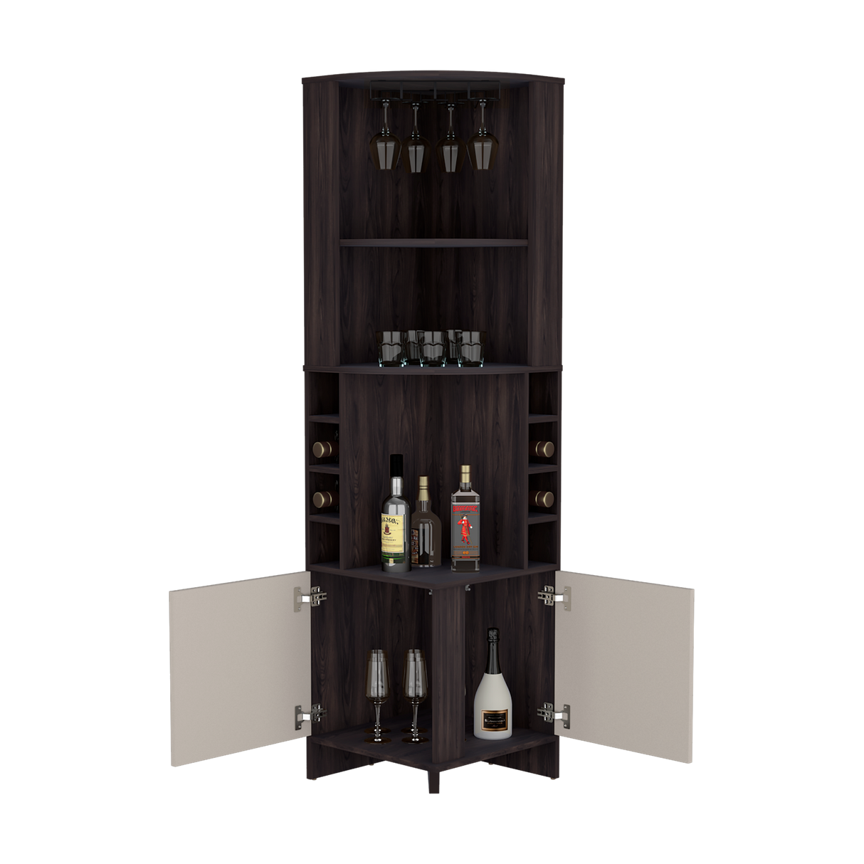 Bar Esquinero Renens Nogal 46.9x180.6cm con Siete Compartimientos con Un Portacopas y con Ocho Portabotellas - BARES | Bylmo