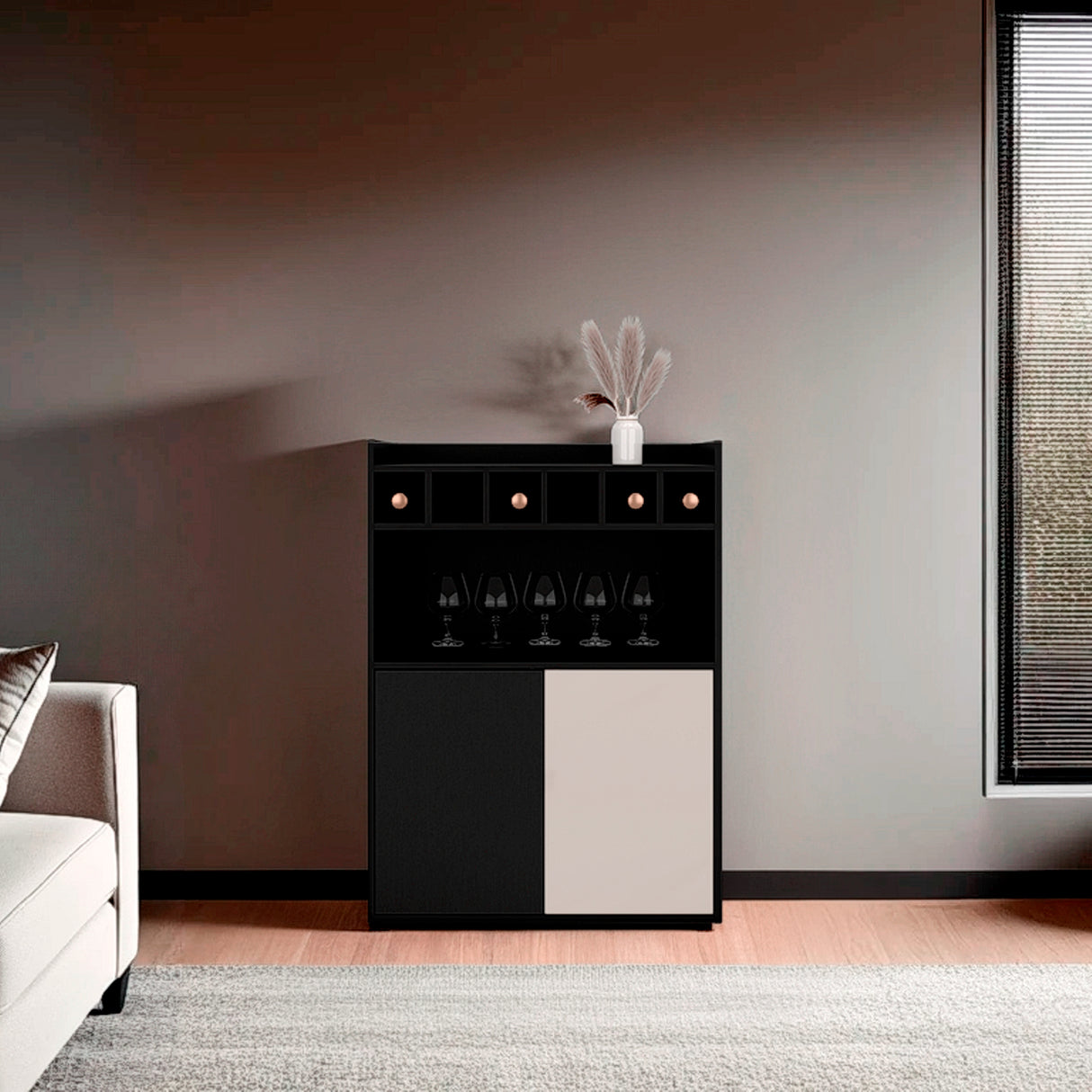 Bar Cuera Capri y Wengue 78.4x106.6cm con Cinco Compartimientos y con Seis Portabotellas - BARES | Bylmo