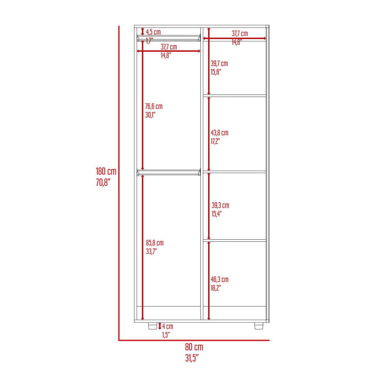 Closet Tera Fresno Europeo y Wengue 80x180cm con Cinco Compartimientos y con dos Puertas Batibles - CLOSETS | Bylmo