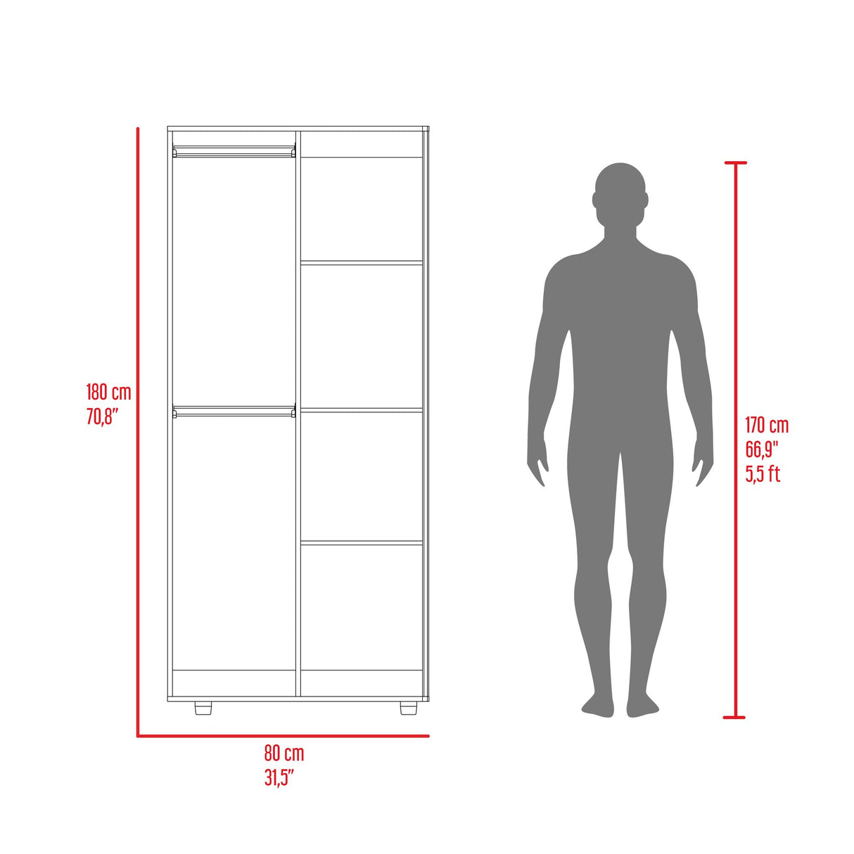 Closet Tera Fresno Europeo y Wengue 80x180cm con Cinco Compartimientos y con dos Puertas Batibles - CLOSETS | Bylmo