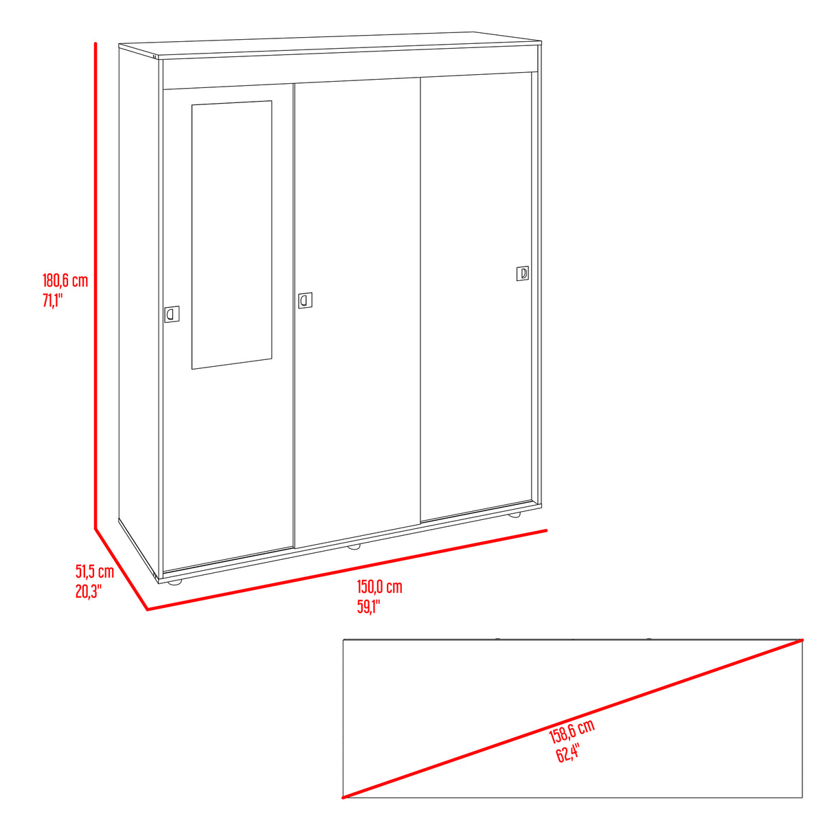 Closet Angelo Fresno Europeo y Wengue 150x180.6cm con Tres Compartimientos y con dos Puertas Coredizas - CLOSETS | Bylmo