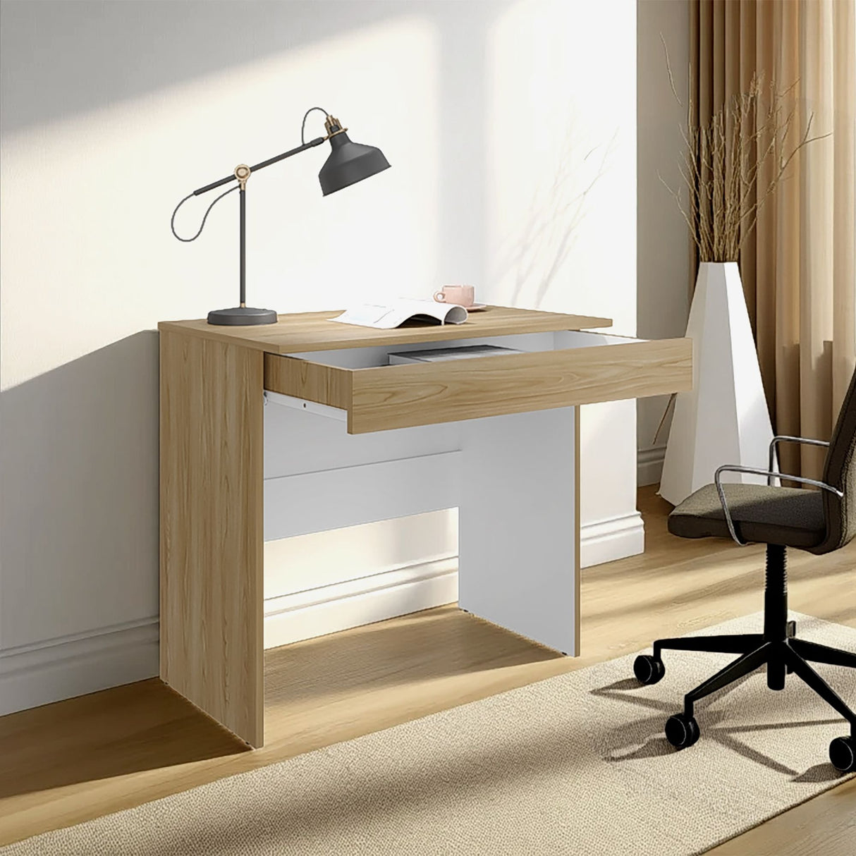 Escritorio Ohio Eco Fresno Europeo y Blanco 80x73cm con Un Cajón - ESCRITORIOS | Bylmo