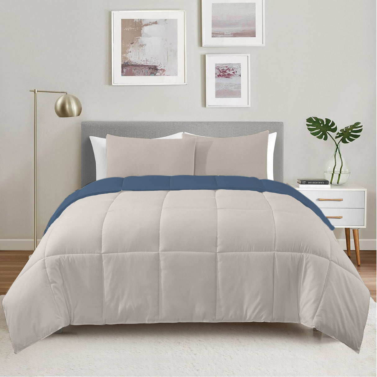 Combo Edredón Acolchado Bicolor Azul Oscuro y Gris Claro 240x240cm Doble Faz para Cama Queen - TENDIDOS Y CUBRELECHOS | Bylmo