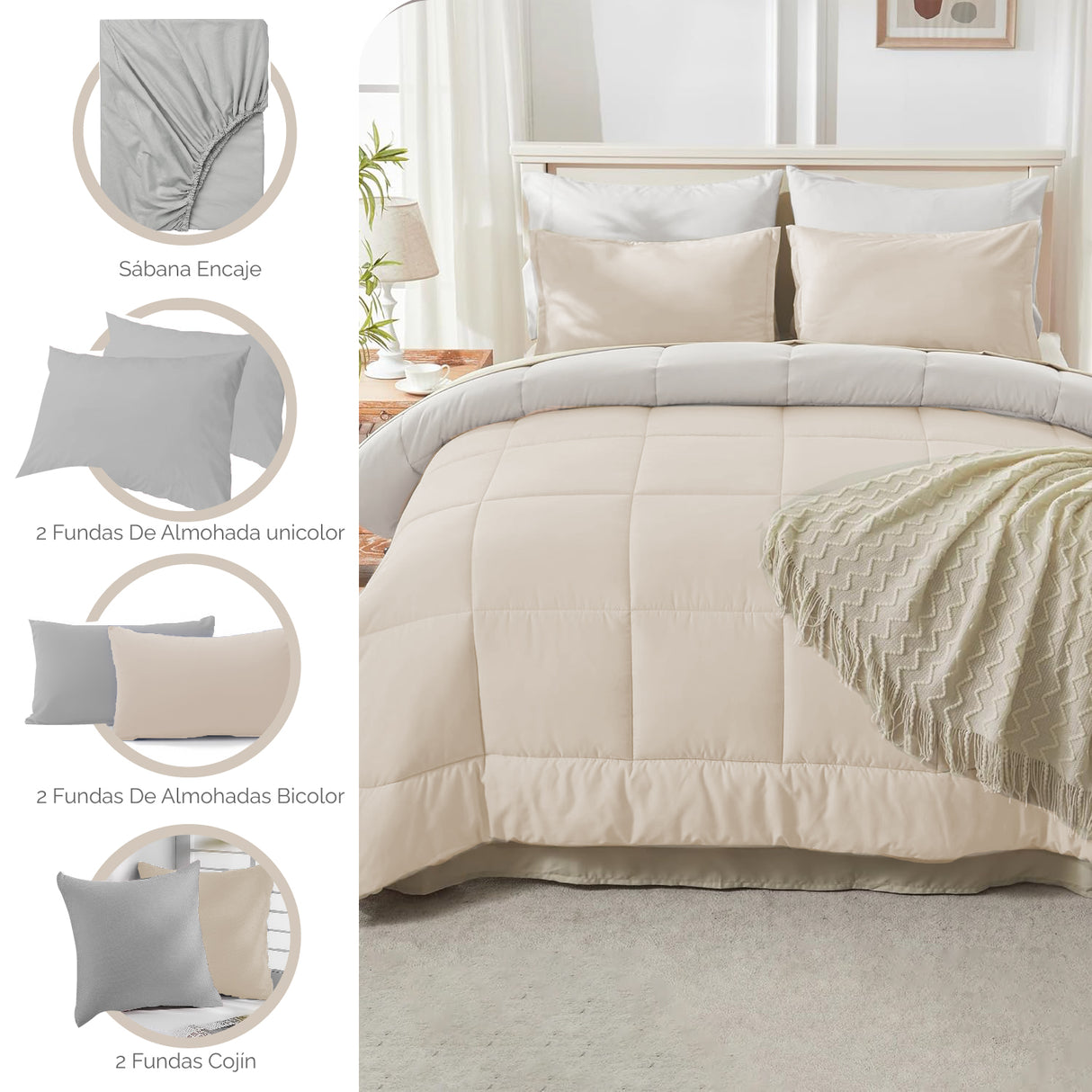 Combo Edredón Acolchado Bicolor Beige y Gris Claro 280x240cm Doble Faz para Cama King - TENDIDOS Y CUBRELECHOS | Bylmo