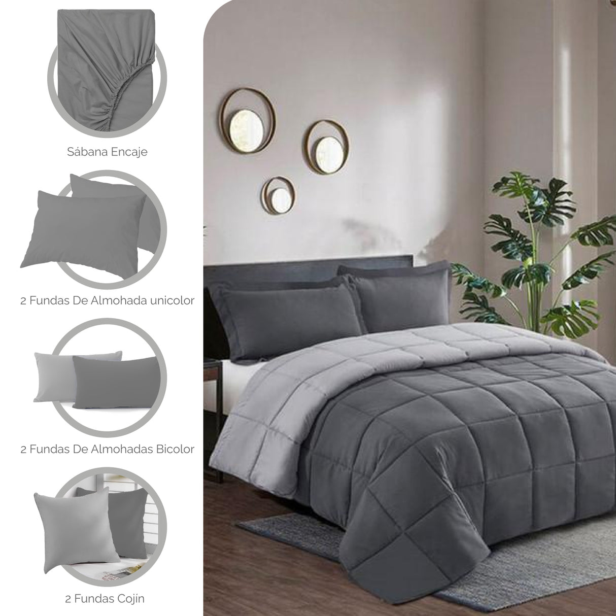 Combo Edredón Acolchado Bicolor Gris Oscuro y Gris Claro 280x240cm Doble Faz para Cama King - TENDIDOS Y CUBRELECHOS | Bylmo