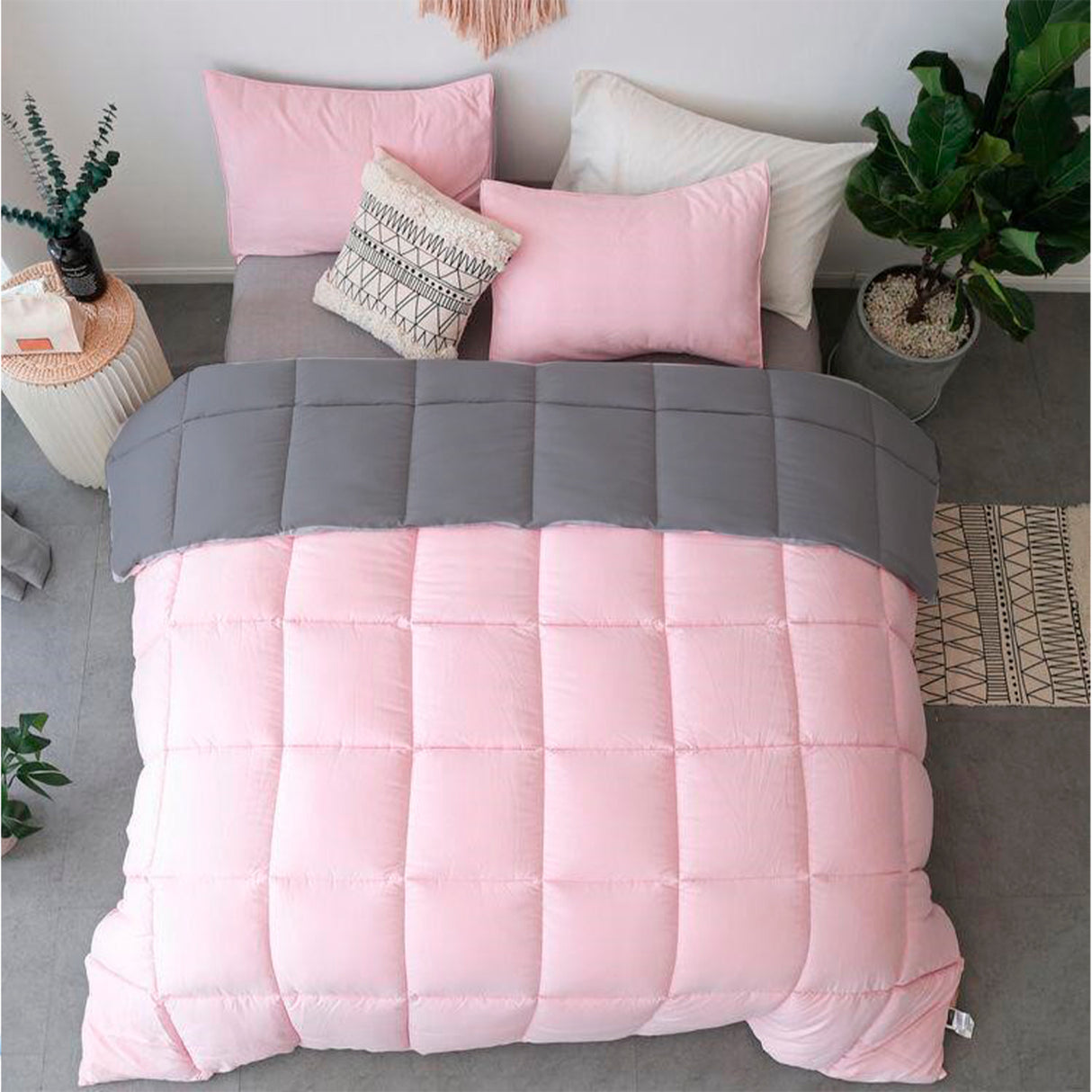 Combo Edredón Acolchado Bicolor Rosado y Gris Oscuro 180x240cm Doble Faz para Cama Sencilla - TENDIDOS Y CUBRELECHOS | Bylmo