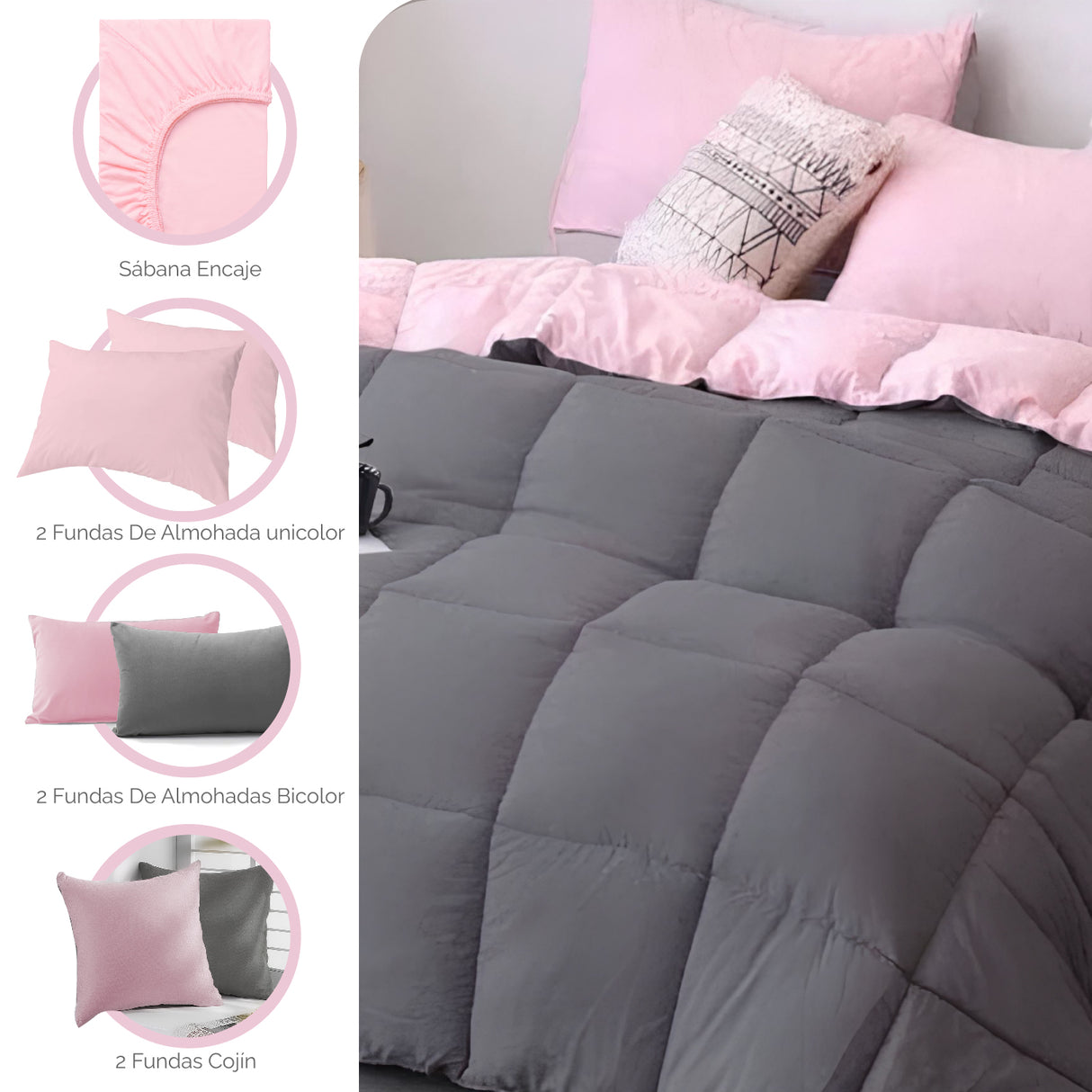 Combo Edredón Acolchado Bicolor Rosado y Gris Oscuro 240x240cm Doble Faz para Cama Queen - TENDIDOS Y CUBRELECHOS | Bylmo