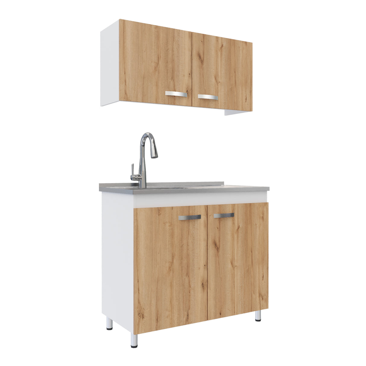 Cocina Integral Freya Blanco y Duna 100x32cm con Mesón de Acero Inoxidable para Lado Izquierdo y sin Estufa - COCINAS | Bylmo