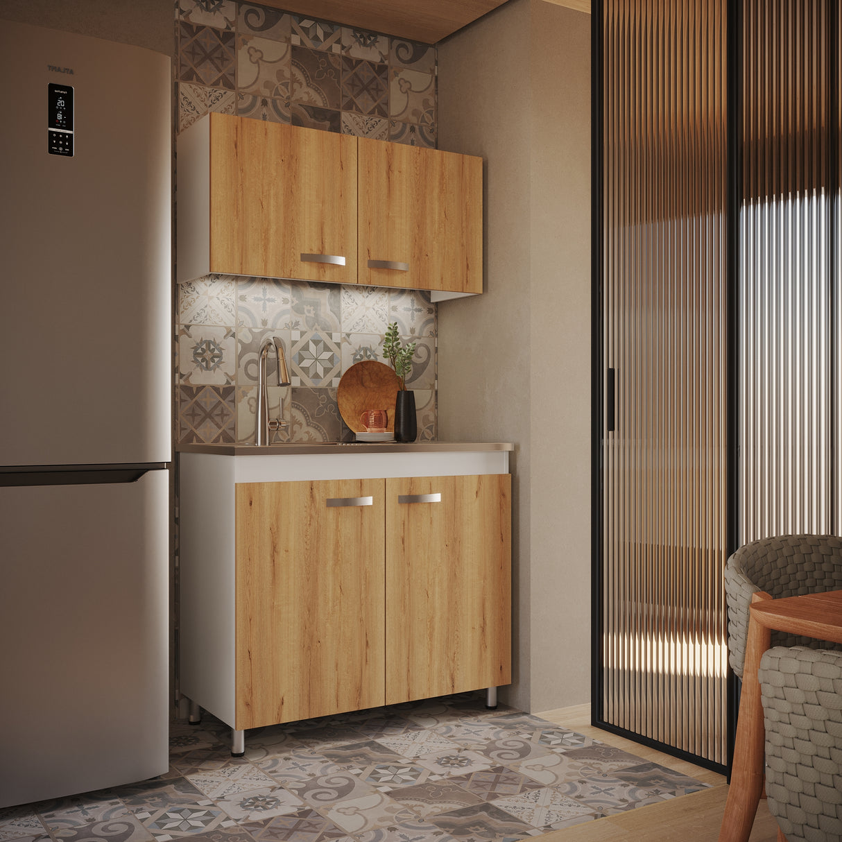 Cocina Integral Freya Blanco y Duna 100x32cm con Mesón de Acero Inoxidable para Lado Izquierdo y sin Estufa - COCINAS | Bylmo