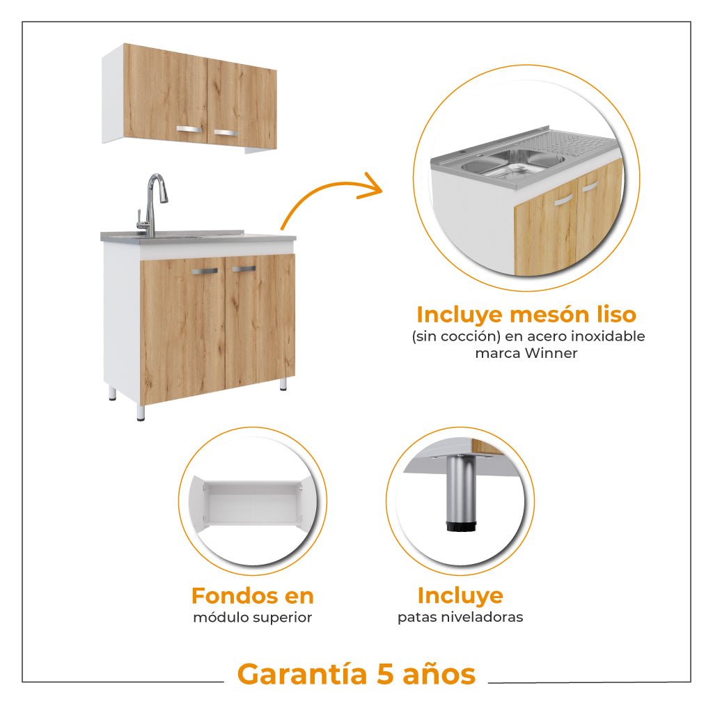 Cocina Integral Freya Blanco y Duna 100x32cm con Mesón de Acero Inoxidable para Lado Izquierdo y sin Estufa - COCINAS | Bylmo