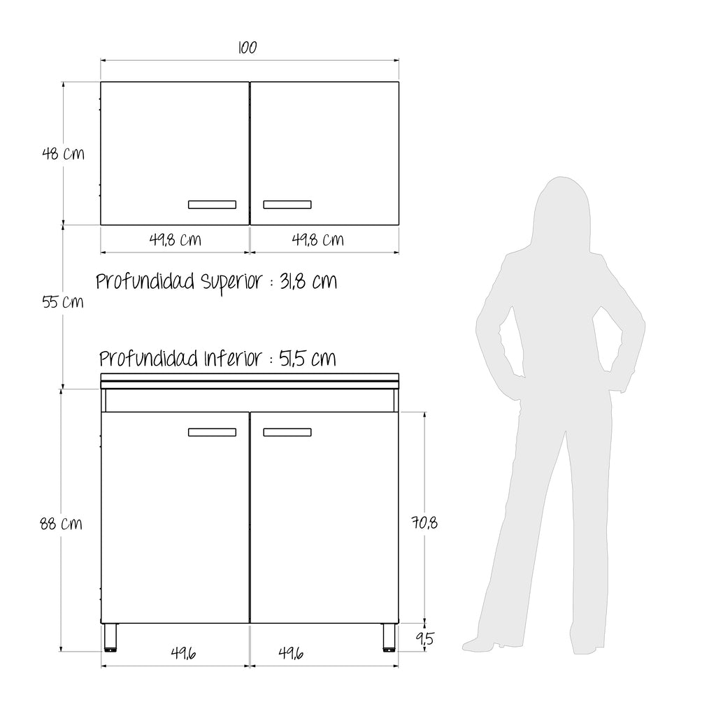 Cocina Integral Freya Blanco y Duna 100x32cm con Mesón de Acero Inoxidable para Lado Izquierdo y sin Estufa - COCINAS | Bylmo