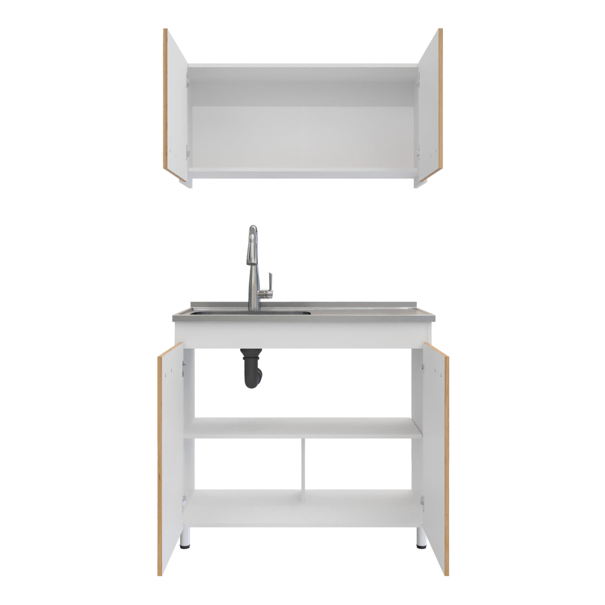 Cocina Integral Freya Blanco y Duna 100x32cm con Mesón de Acero Inoxidable para Lado Izquierdo y sin Estufa - COCINAS | Bylmo