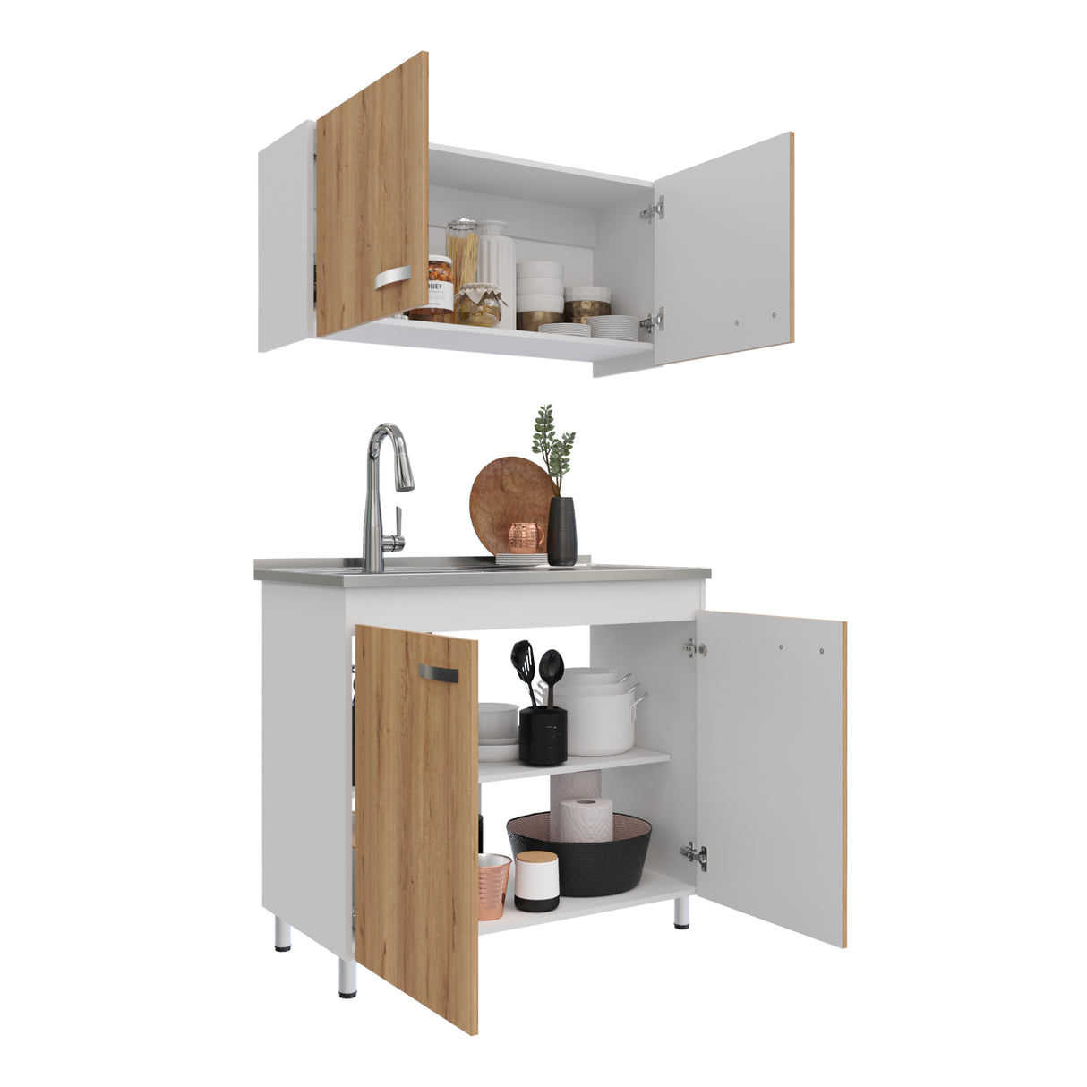 Cocina Integral Freya Blanco y Duna 100x32cm con Mesón de Acero Inoxidable para Lado Izquierdo y sin Estufa - COCINAS | Bylmo