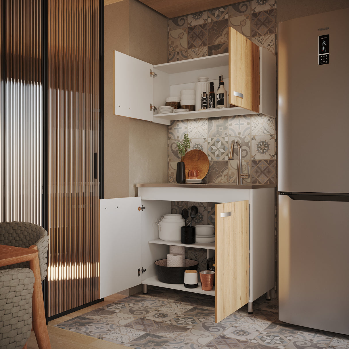 Cocina Integral Freya Blanco y Duna 100x32cm con Mesón de Acero Inoxidable para Lado Derecho y sin Estufa - COCINAS | Bylmo