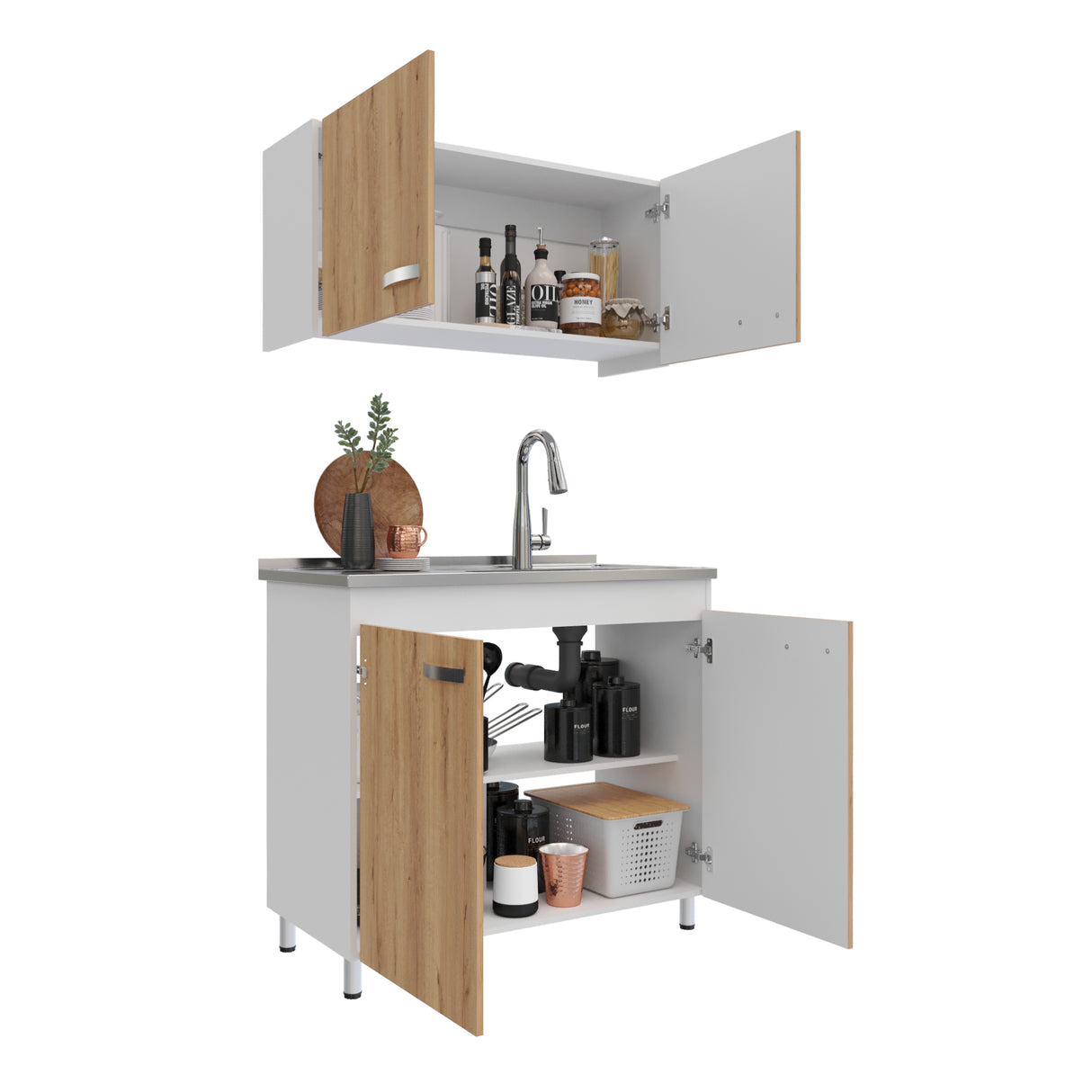 Cocina Integral Freya Blanco y Duna 100x32cm con Mesón de Acero Inoxidable para Lado Derecho y sin Estufa - COCINAS | Bylmo