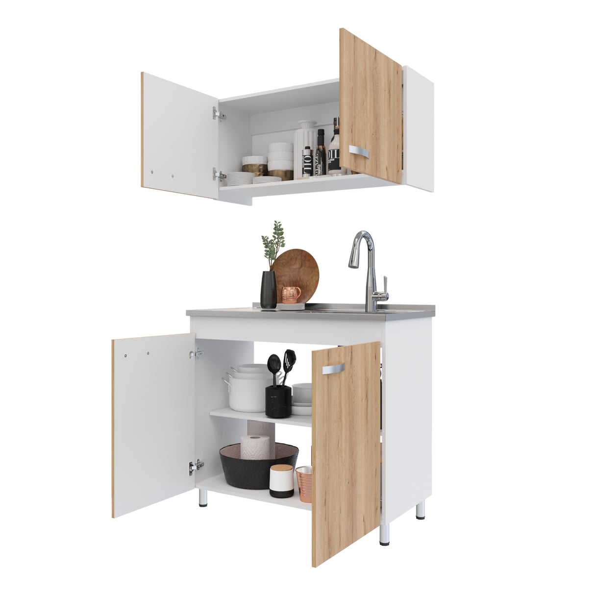 Cocina Integral Freya Blanco y Duna 100x32cm con Mesón de Acero Inoxidable para Lado Derecho y sin Estufa - COCINAS | Bylmo