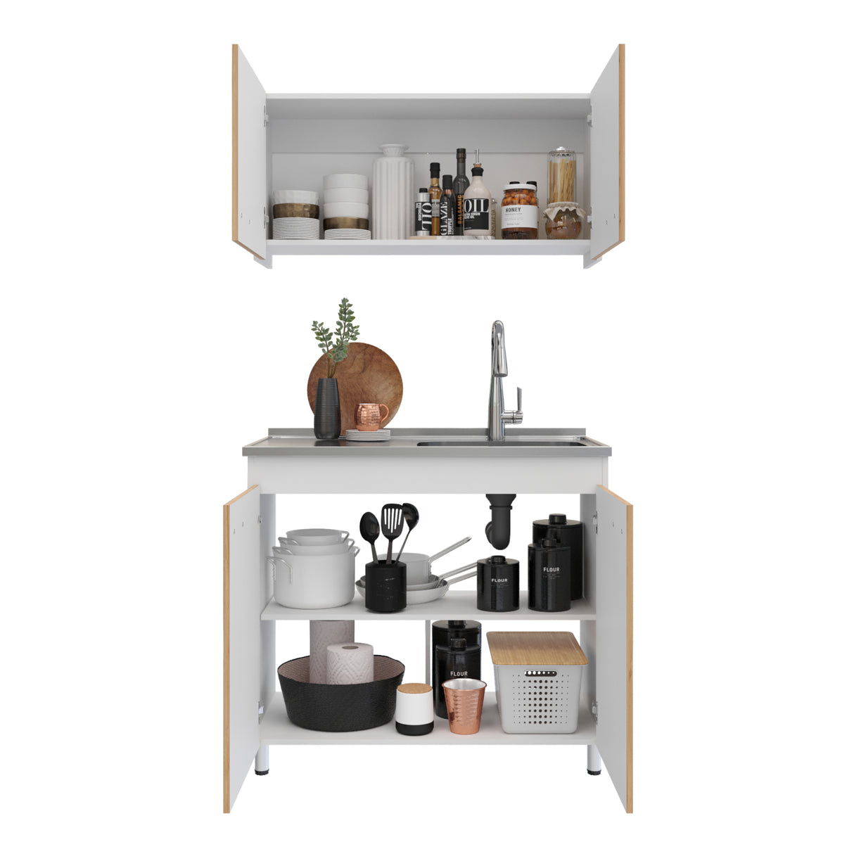 Cocina Integral Freya Blanco y Duna 100x32cm con Mesón de Acero Inoxidable para Lado Derecho y sin Estufa - COCINAS | Bylmo