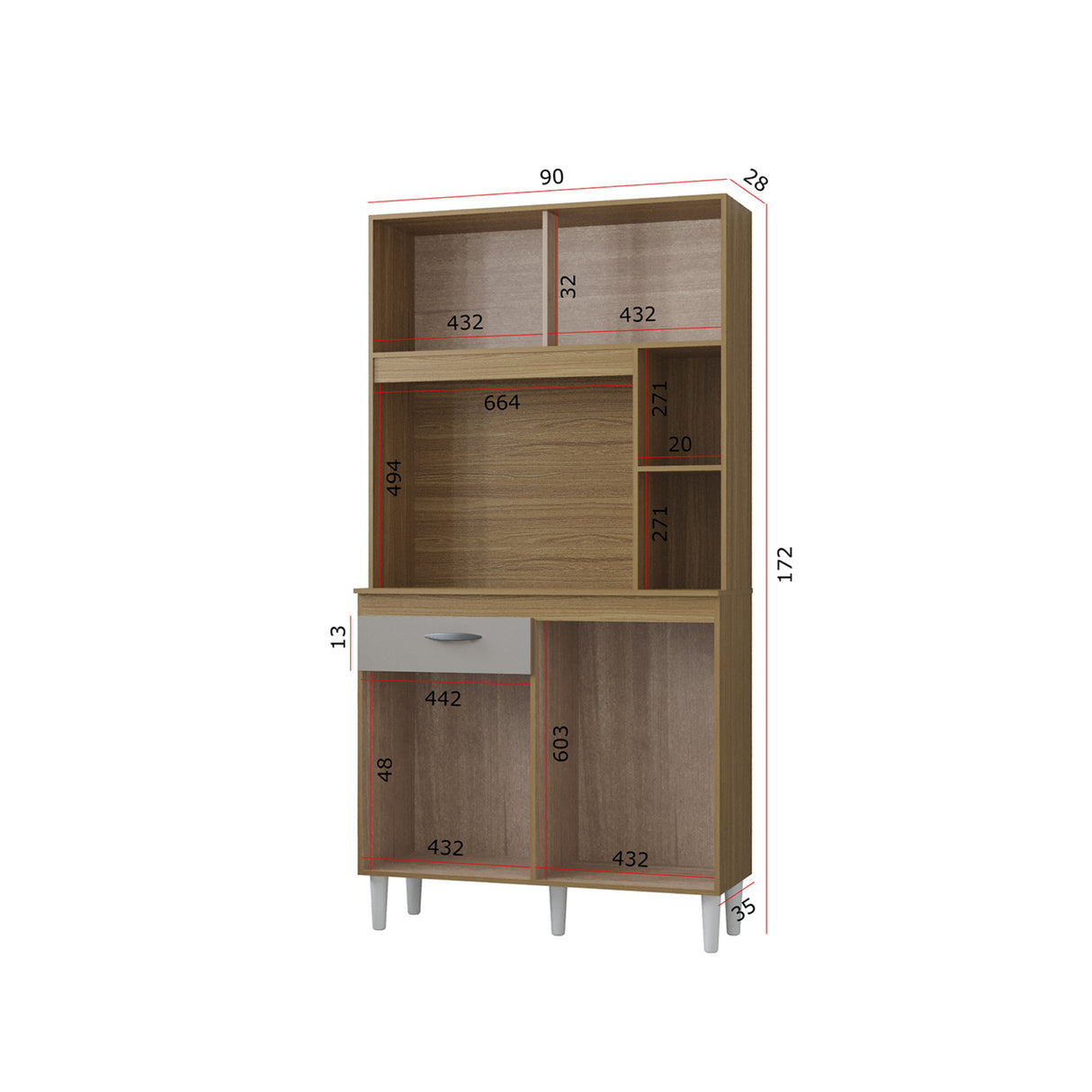 Alacena Duda Castaño y Beige 90x172cm con Un Cajón y Cuatro Puertas - ALACENAS Y MUEBLES MICROONDAS | Bylmo