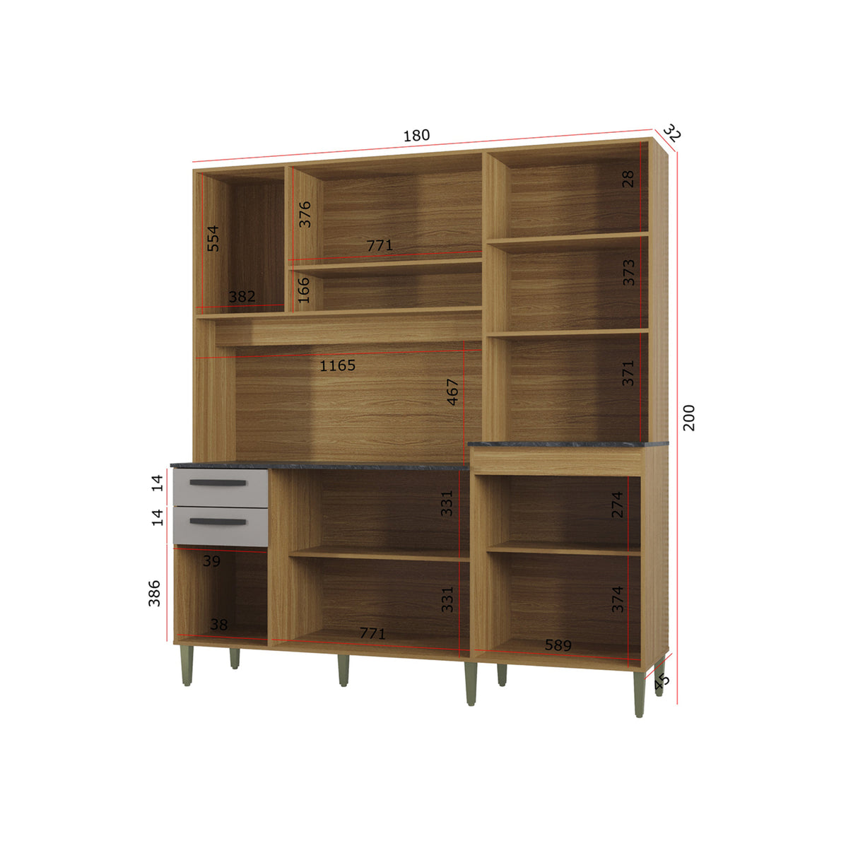Alacena Elisa Castaño y Beige 180x200cm con Dos Cajones y Diez Puertas - ALACENAS Y MUEBLES MICROONDAS | Bylmo