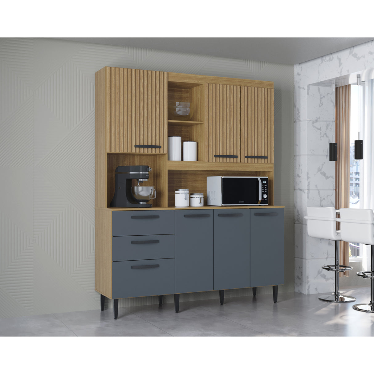 Alacena Catarina Castaño y Gris 160x200cm con Dos Cajones y Seis Puertas - ALACENAS Y MUEBLES MICROONDAS | Bylmo