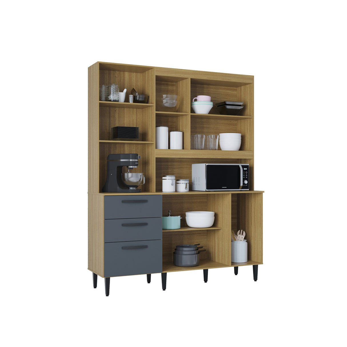 Alacena Catarina Castaño y Gris 160x200cm con Dos Cajones y Seis Puertas - ALACENAS Y MUEBLES MICROONDAS | Bylmo