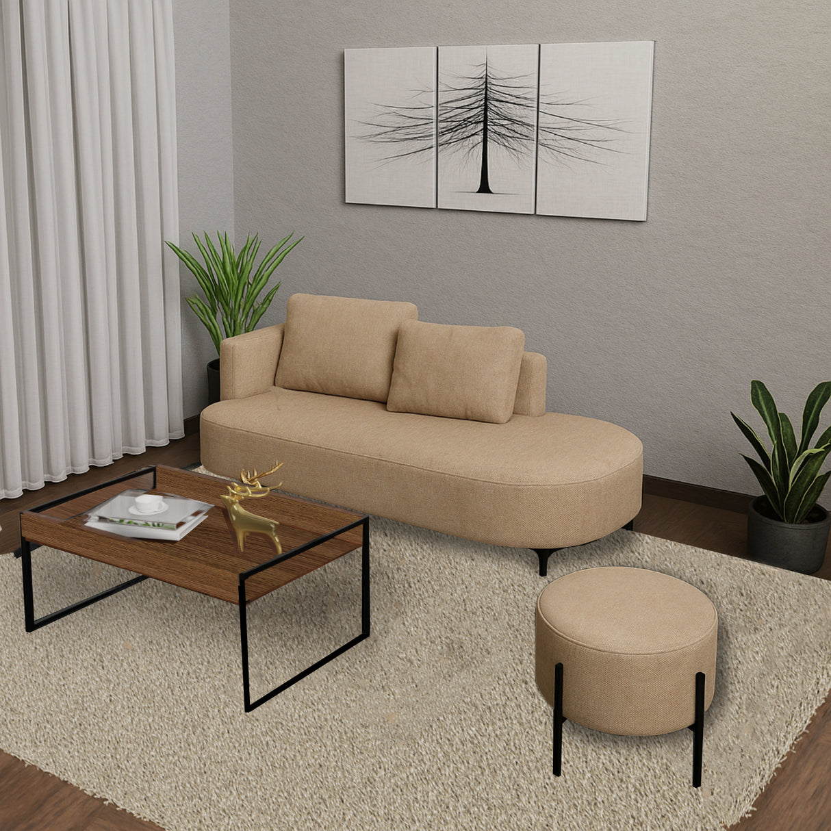 Sala Dubai New Beige y Amaretto 160x70cm De Tres Puestos Antifluido con Mesa de Centro y Puff - SOFAS Y POLTRONAS | Bylmo