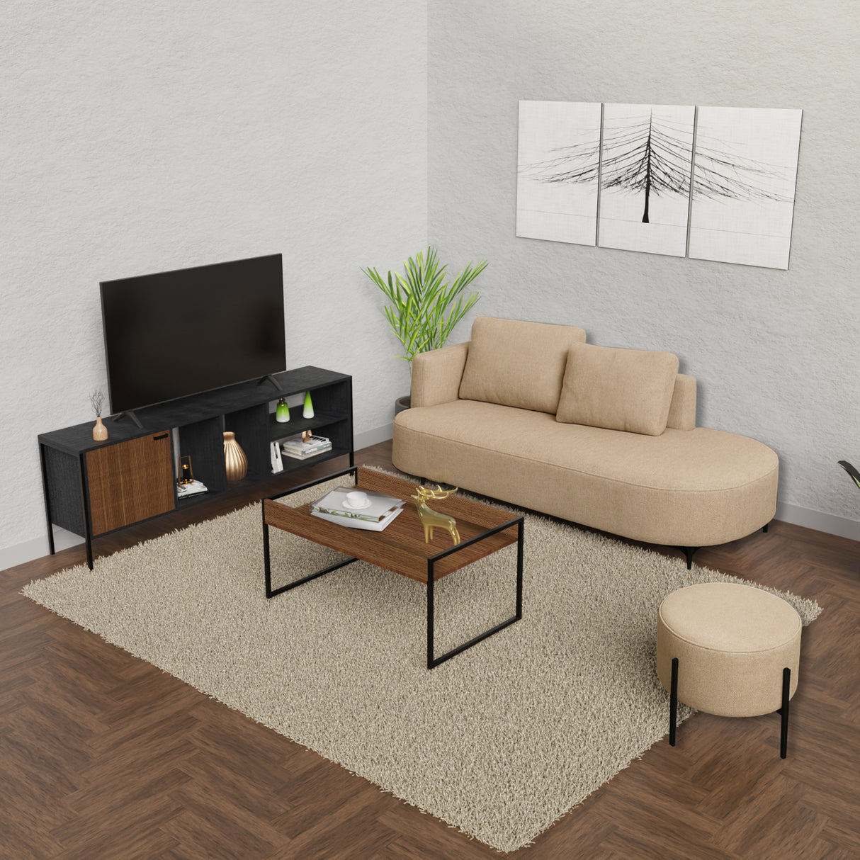 Sala Dubai Plus Beige y Amaretto 160x70cm De Tres Puestos Antifluido con Mesa de Tv Puff y Mesa de Centro - SOFAS Y POLTRONAS | Bylmo