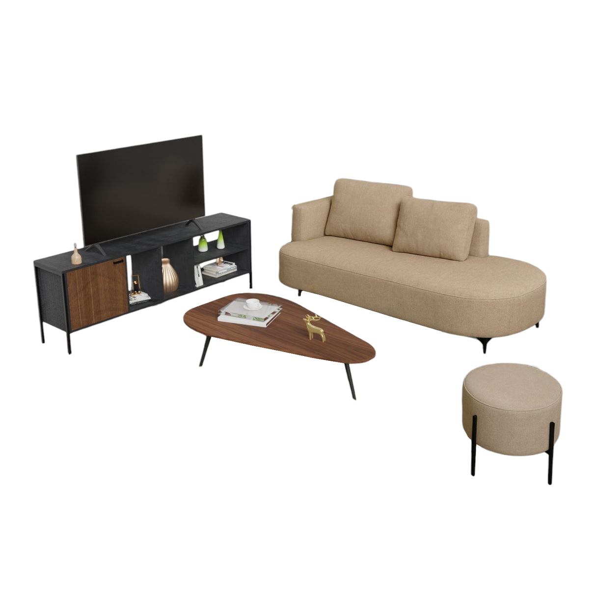 Sala Dubai Top Beige y Amaretto 160x70cm De Tres Puestos Antifluido con Mesa de Tv Puff y Mesa de Centro - SOFAS Y POLTRONAS | Bylmo