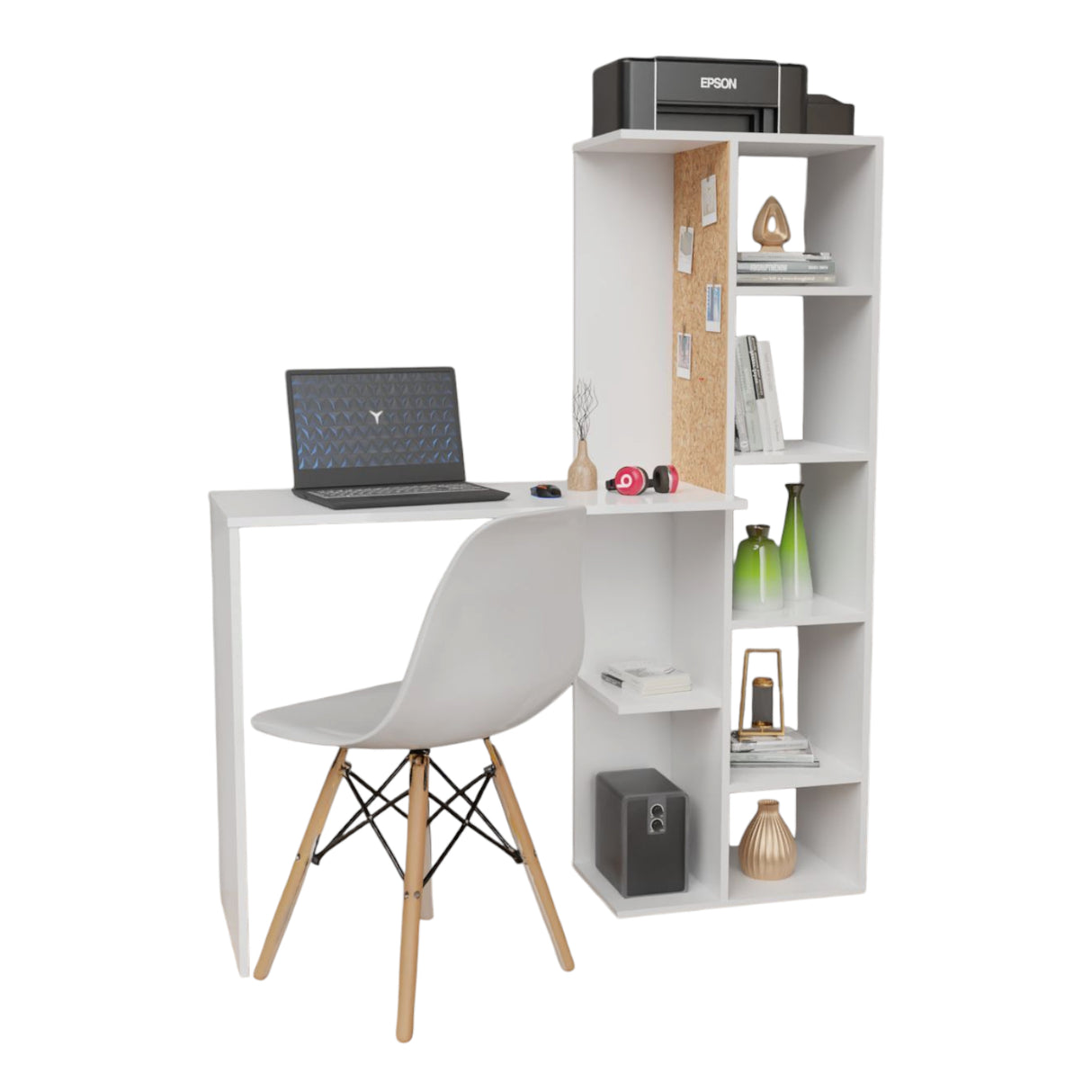 Combo Escritorio y Silla Home Eames Blanco 120x140cm sin Cajones y con Organizador de Libros - ESCRITORIOS | Bylmo