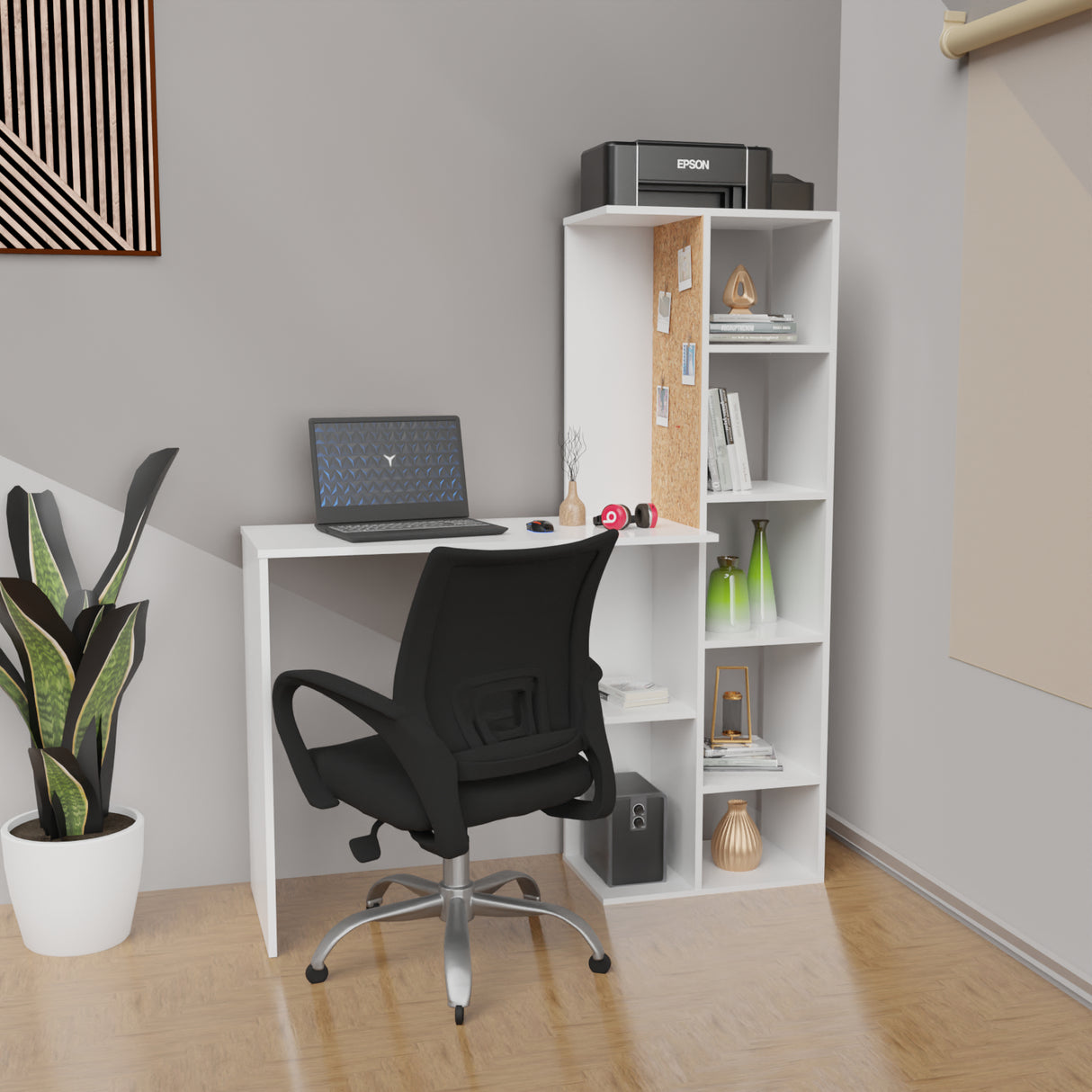 Combo Escritorio y Silla Home Office Blanco 120x140cm sin Cajones y con Organizador de Libros - ESCRITORIOS | Bylmo