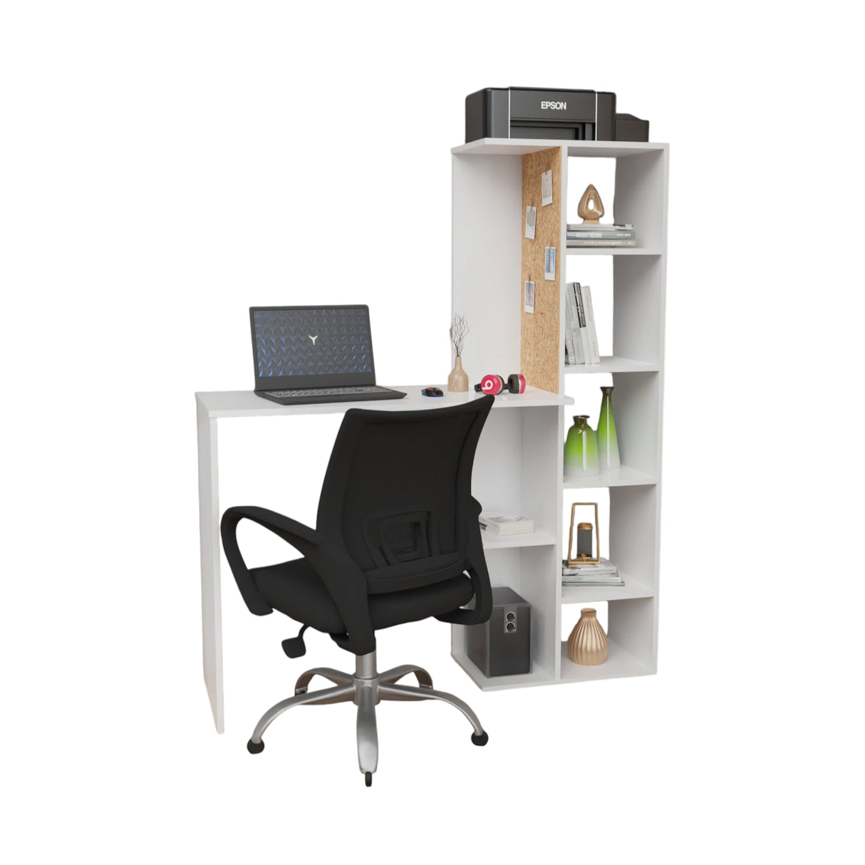 Combo Escritorio y Silla Home Office Blanco 120x140cm sin Cajones y con Organizador de Libros - ESCRITORIOS | Bylmo