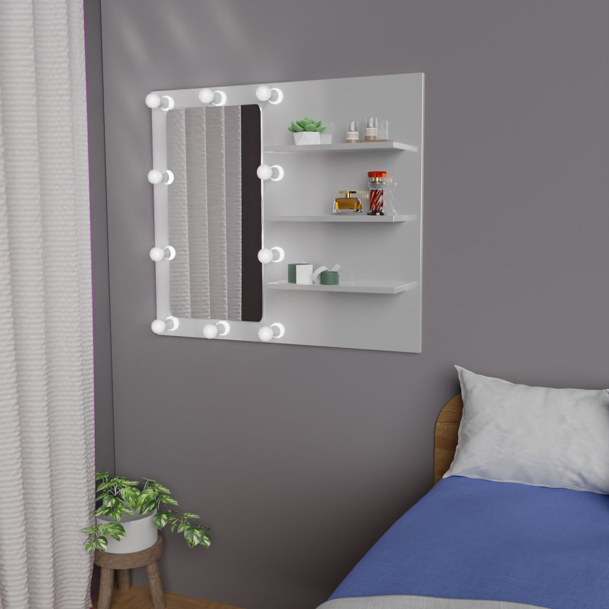 Panel Tocador Hollywood Blanco 80x70cm de Un Puesto con Iluminación LED - TOCADORES | Bylmo