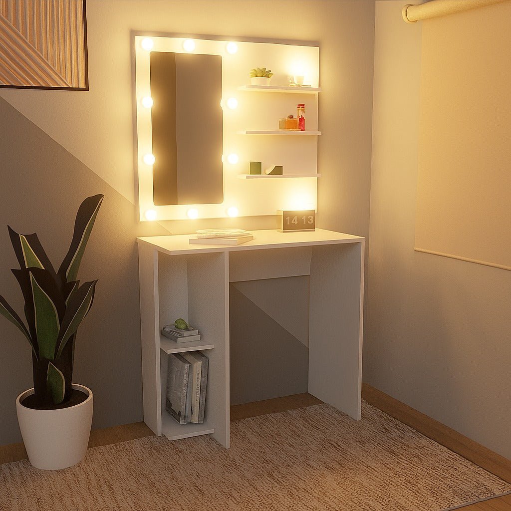 Combo Panel Tocador con Escritorio Hollywood Blanco 80x70cm de Un Puesto con Iluminación LED - TOCADORES | Bylmo