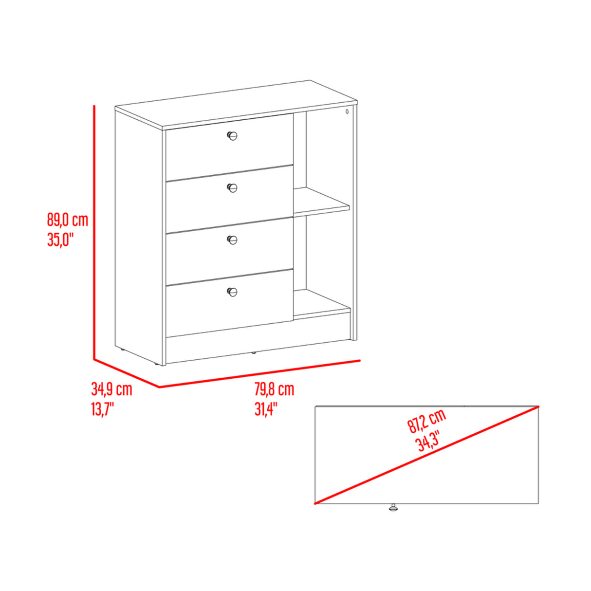 Cómoda Havana Cotta y Blanco 80x89cm de Cuatro Hileras con Cuatro Cajones - CAJONERAS Y COMODAS | Bylmo