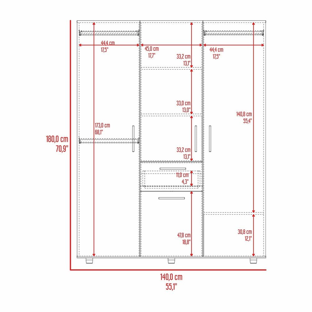 Closet Belen Fresno Europeo y Wengue 140x178cm con Un Cajón con Cuatro Puertas y con Colgadero de Ropa - CLOSETS | Bylmo