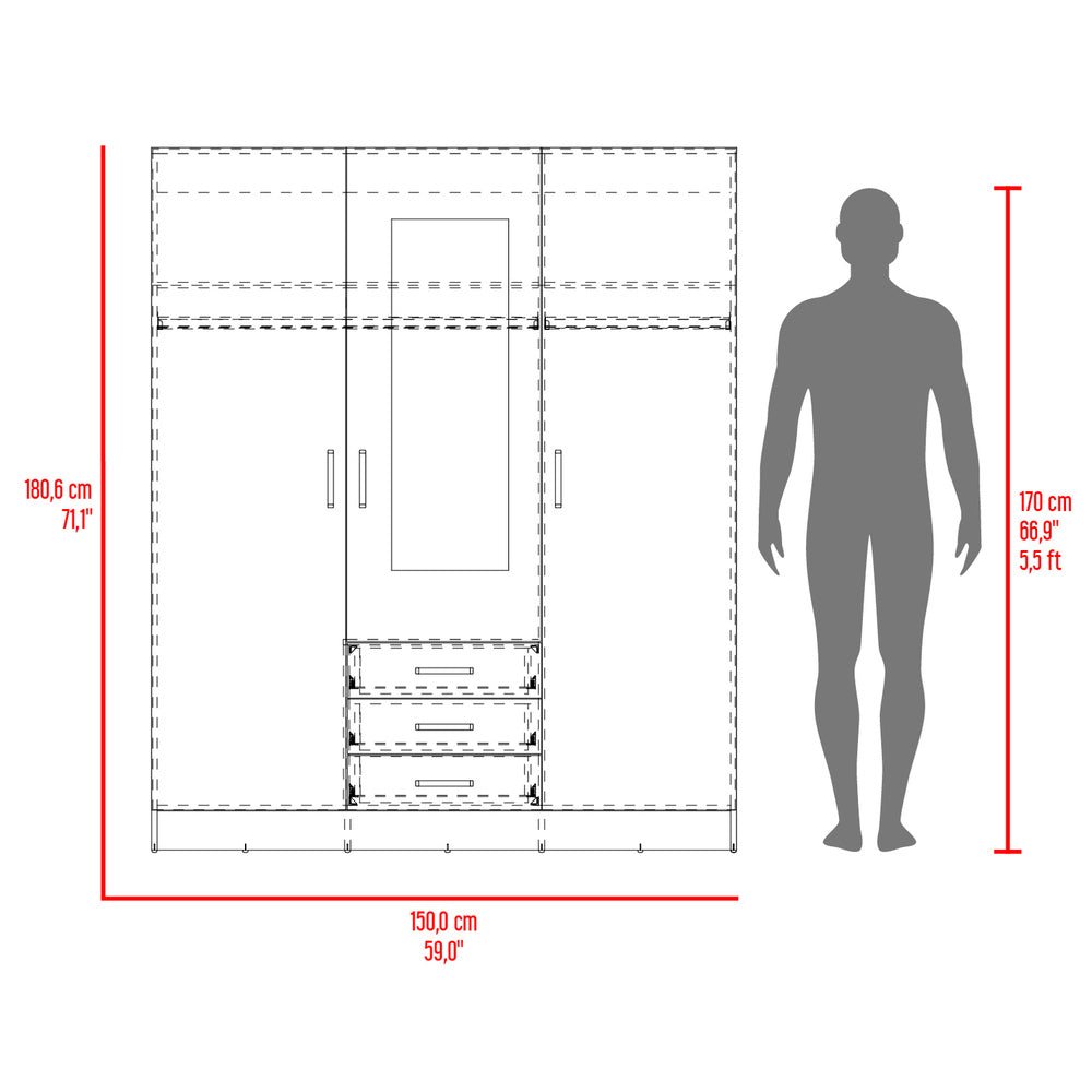 Closet Wengue 150x180.6cm con Tres Cajones con Tres Puertas con Colgadero de Ropa y con Espejo - CLOSETS | Bylmo