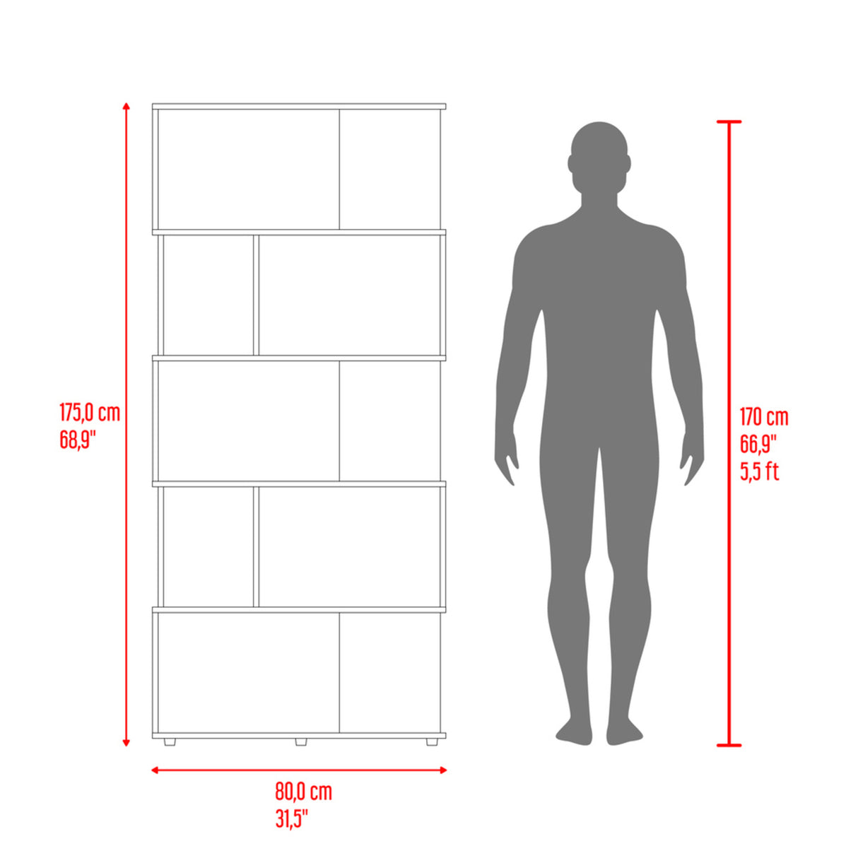 Biblioteca Noah Wengue y Blanco 80x175cm Rectangular con Siete Compartimientos - BIBLIOTECAS Y ESTANTERIAS | Bylmo