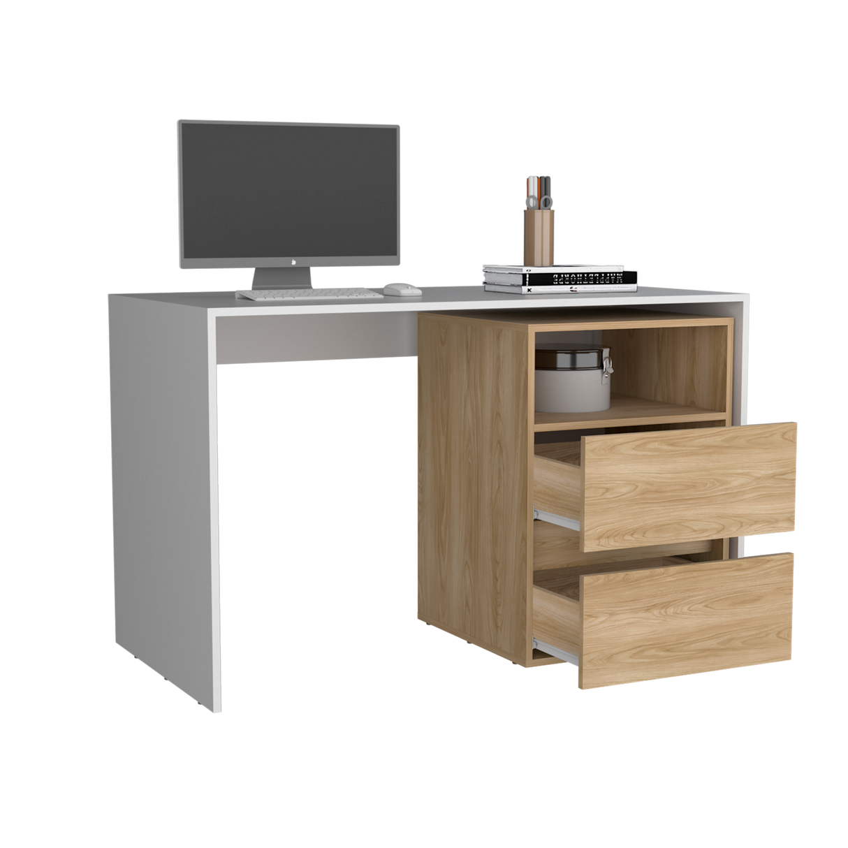 Escritorio Rookie Blanco y Fresno 120x75cm con Dos Cajones y con Organizador de Libros - ESCRITORIOS | Bylmo