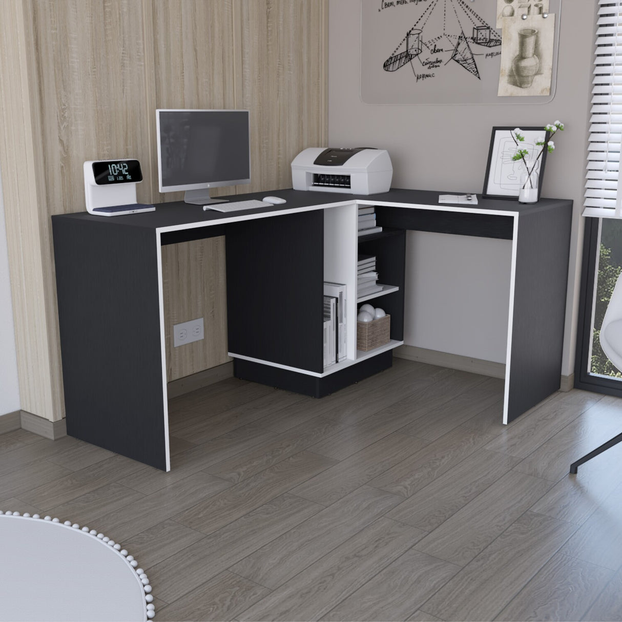 Escritorio en L Rookie Blanco y Wengue 151.5x76.5cm con Organizador de Libros - ESCRITORIOS | Bylmo