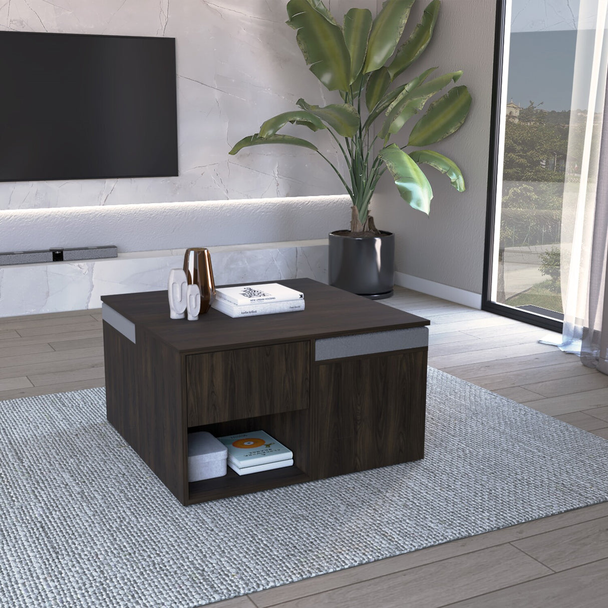 Mesa de Centro Lucien Nogal 80x45cm con Dos Asientos y con Compartimiento - MESAS DE CENTRO | Bylmo