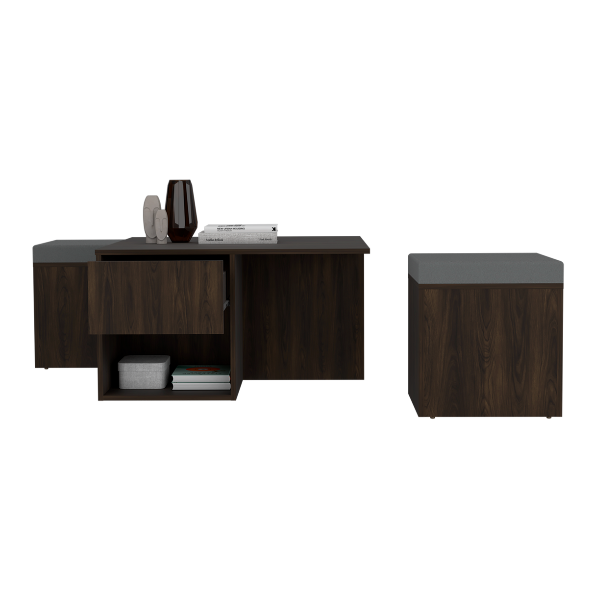 Mesa de Centro Lucien Nogal 80x45cm con Dos Asientos y con Compartimiento - MESAS DE CENTRO | Bylmo