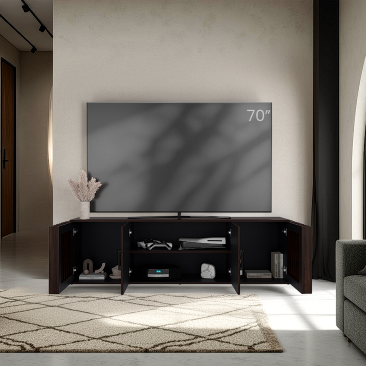 Rack de TV Brown Nogal y Wengue 180x54.5cm para TV Hasta 70" Pulgadas con Cuatro Compartimientos - MUEBLES DE TV | Bylmo