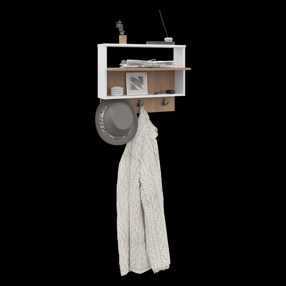 Repisa Perchero Aranjuez Blanco y Fresno Europeo 60x47.7cm Flotante con Tres Ganchos - PERCHEROS | Bylmo