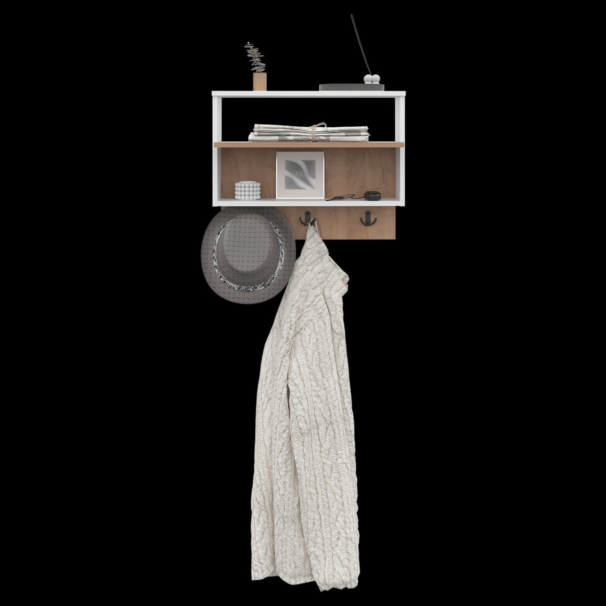 Repisa Perchero Aranjuez Blanco y Fresno Europeo 60x47.7cm Flotante con Tres Ganchos - PERCHEROS | Bylmo