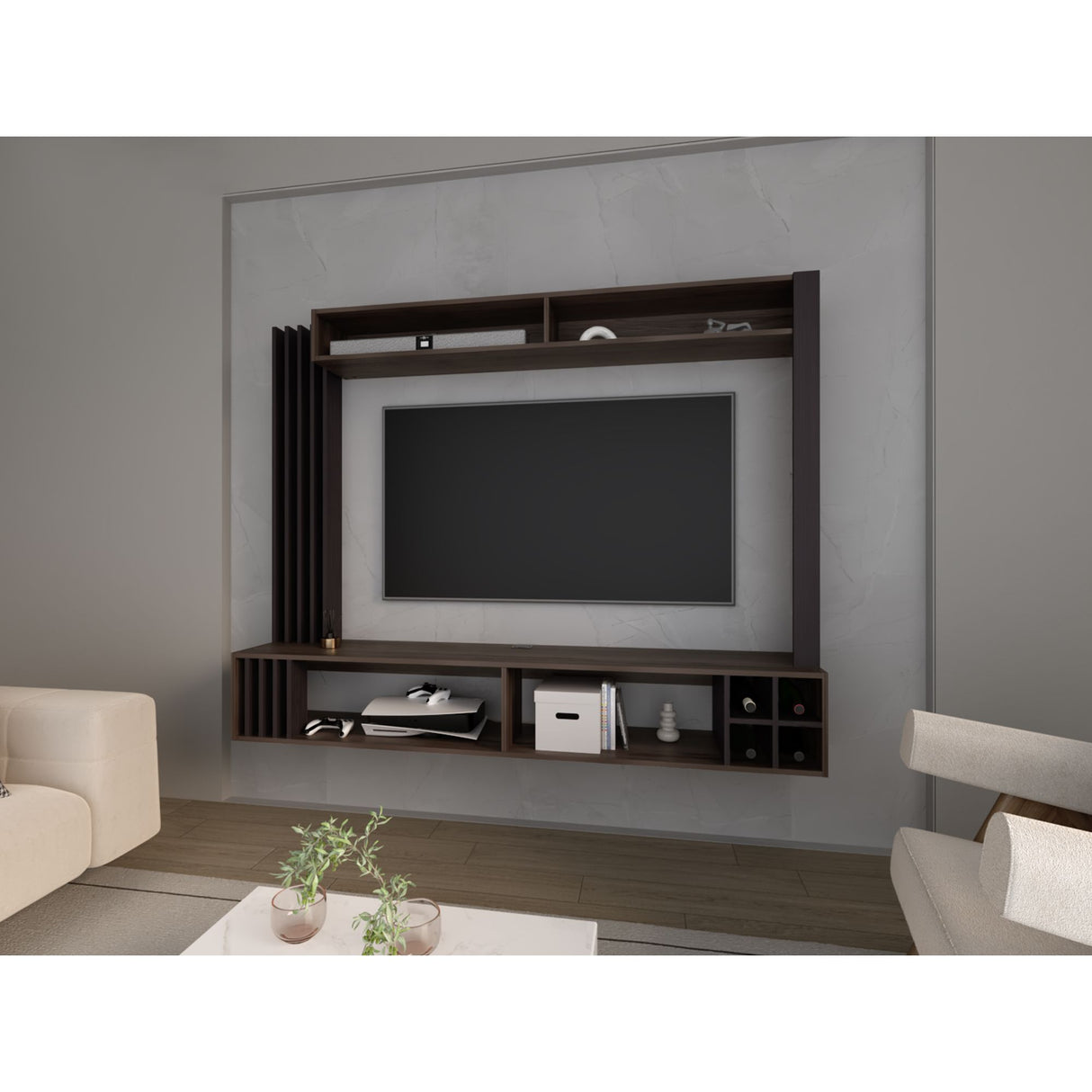 Centro de Entretenimiento Bremmen Wengue y Nogal 180x140cm para TV Hasta 55 Pulgadas con Seis Compartimientos - MUEBLES DE TV | Bylmo