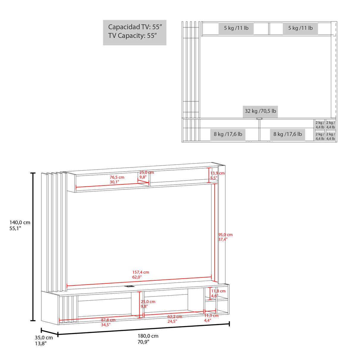 Centro de Entretenimiento Bremmen Wengue y Nogal 180x140cm para TV Hasta 55 Pulgadas con Seis Compartimientos - MUEBLES DE TV | Bylmo