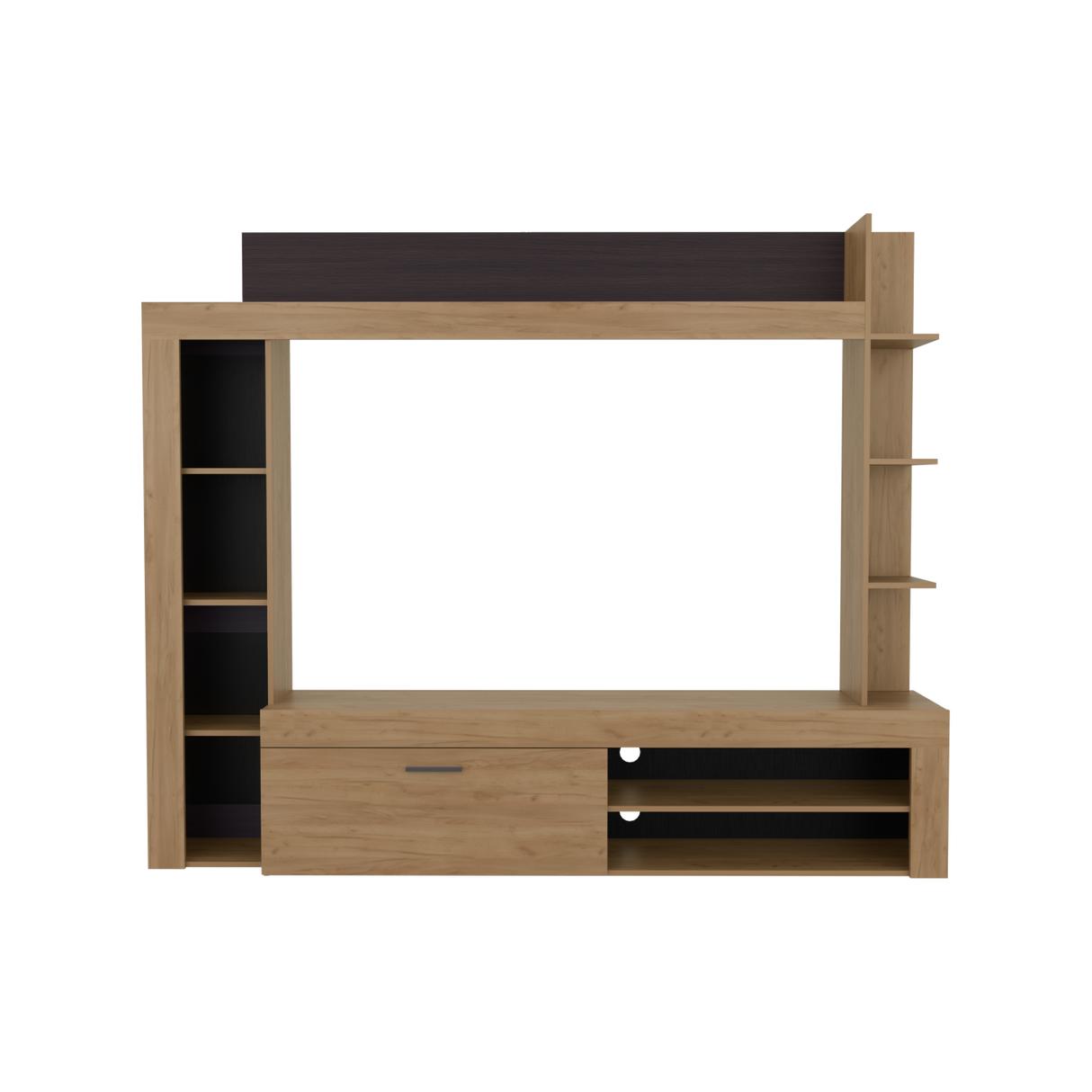 Centro de Entretenimiento Cecil Fresno Europeo y Wengue 215.8x178.1cm para TV Hasta 70 Pulgadas con Diez Compartimientos - MUEBLES DE TV | Bylmo